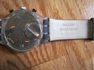 Vintage Mens SWATCH Watch, Clear Plastic with Black Leather Band 