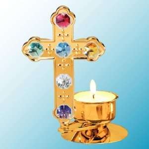 24K Gold Plated Large Cross Tea Light Candle Holder   Multicolor 