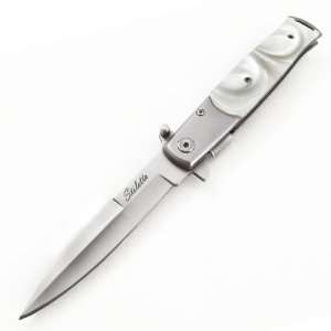  Spring Assisted Stiletto Pocket Knife Ivory Pearl Handle w 