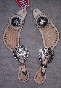 SHOWMAN BUCKAROO COWBOY SPUR STRAPS SILVER SPOT BASKET TOOLED  