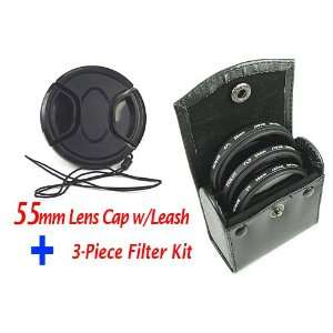  55mm Lens Cap w/Leash + 3 Piece Filter Kit w/UV,FLD,CPL 