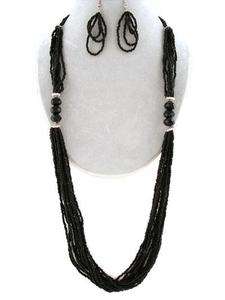 BLACK 7 STRAND GLASS SEED BEAD LONG NECKLACE SET  