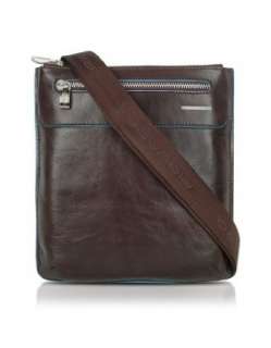   Piquadro Blue Square   Slim Leather Messenger Bag Dark Brown: Clothing