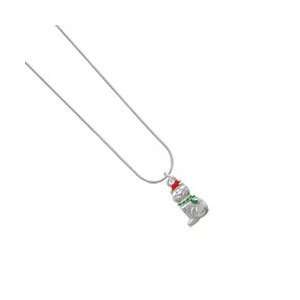  2 D Christmas Cat with Red Hat Silver Plated Snake Chain 