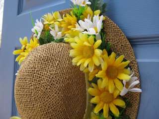   Straw Hat Front Door Floral Wreath Spring Easter Holiday New  