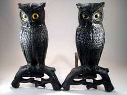 Old Arts & Crafts Figural Cast Iron OWL Andirons Yellow Glass Eyes 