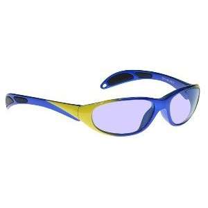 ACE (DIDYMIUM) GLASS WORKING SPECTACLES IN BLUE/YELLOW PLASTIC FRAME 