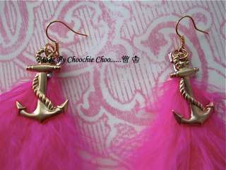 Neon Pink Feather Gold Anchor Earrings Choochie Choo  