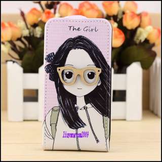 Comely Girl W/Glasses Leather Pouch Flip Case Cover Skin For iPhone 4 