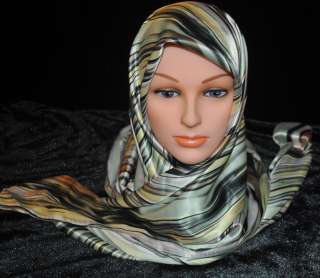 Satin Scarf Hijab Square 42 x 42 waves beige grey yello  
