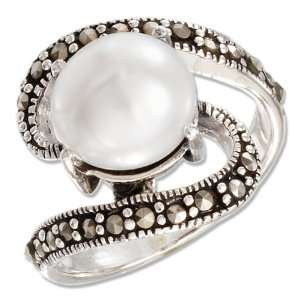   Silver 10mm Fresh Water Pearl and Marcasite Wave Ring Jewelry