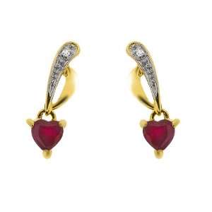  9ct Yellow Gold Heart Cut Ruby & Diamond Earrings: Jewelry