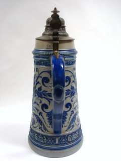Vintage German Pewter & Salt Glazed Blue Gray 2 1/2 Liter Beer Stein 