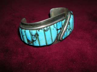 Cornrow turquoise sterling silver bracelet 1 1/4 wide 59 grams  