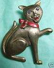 VINTAGE ART DECO gold plated brass SITTING CAT PIN BROOCH old 