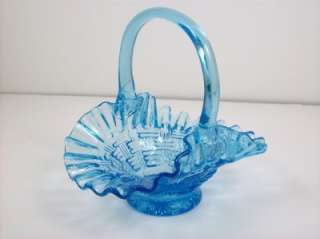 Vintage Blue Art Glass Handled Basket Candy Dish Ruffled Rim  