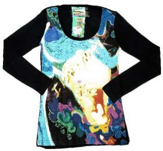 NEW $120 Desigual Rubber Printed Black Long Sleeve T Shirt Top Large L 