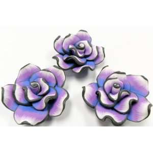  3 Fimo Clay Large Purple Black Rose Beads 35mm Arts 