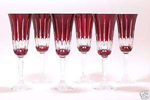 Champagne Flutes Ruby Red Crystal Glasses Olive Cut  