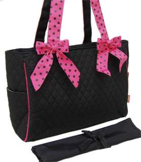 Black Pink Polka Dot Quilted Diaper Bag With Changing Pad Baby Tote 