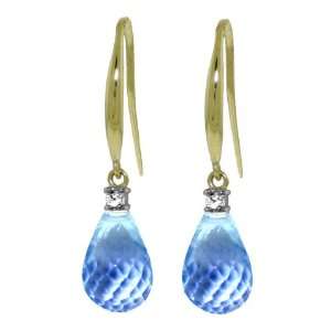  14k Solid Gold Diamond Fish Hook Earrings with Blue Topaz 