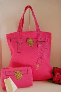 NWT Michael Kors Hamilton Trompe Loeil Electric Pink Canvas Tote Bag 