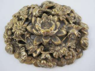Victorian Gold Tone Brass Lotus Floral Repouosse Brooch Pin 2.5 Wide 