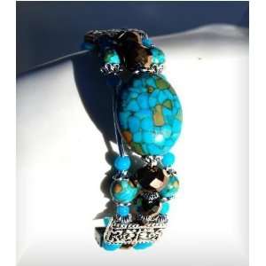  Turquoise Bracelet Lg Stone with Bronze AB Facited Beads 