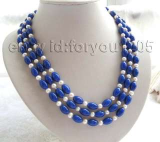 21 3rows Natural 12mm Blue Lapis Lazuli Pearl Necklace  
