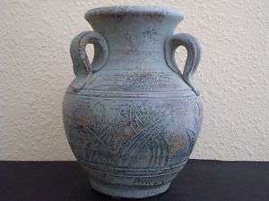 Vintage Blue Gray Chinese Pottery 3 Handle Vase Urn  