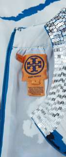 Tory Burch White/Blue Printed Silver Sequin Neck Sleeveless Dress 8 