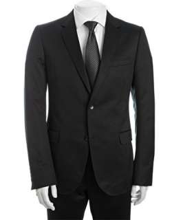 Gucci black cotton sateen two button suit with flat front pants