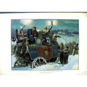    1889 Colour Print Horses Coach Christmas Stuck Snow