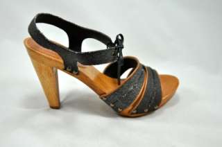 Crew Loretta Wood Heels Sandal Shoe 8 Black $198 NEW  