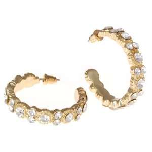  Goldtone and Clear Stone 1 Hoop Earrings Fashion Jewelry 