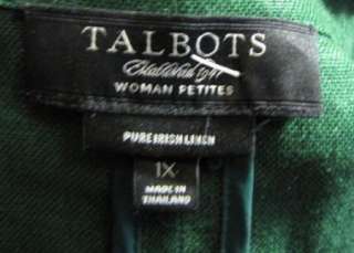 Talbots Woman Petite 1XP 1X Dark Kelly Green Irish Linen Jacket Open 