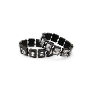  Black Silver Skull Zebra Wood Stretch Bracelet 2 Pack 