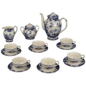  Set of 15 Blue and White Porcelain Tea Set: Home & Kitchen