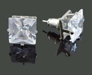 10mm W square diamond cut CZ mens stud earring silver  