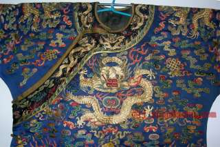 Rare Antique emperor silk embroidered robes handmade blue Nine dragons 