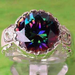 12a2 Ultimate Genuine Rainbow & White topaz Gems Silver Ring Size 6 7 