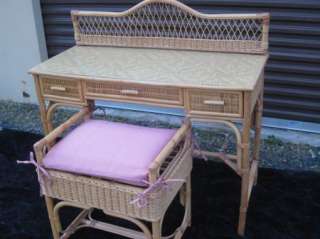   Regency Rattan Wicker Bamboo Vanity Desk Bench Chair Table MCM  