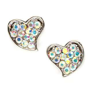   Crystal Curved Heart Shape 10mm Small Stud Earrings Silver Tone Green