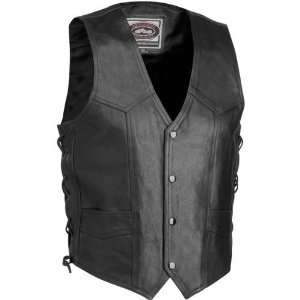  River Road Side Laced Plain Black Leather Vest (Mens 
