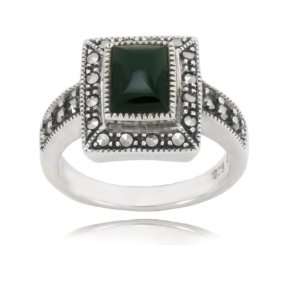  Sterling Silver Marcasite and Onyx Rectangular Ring, Size 