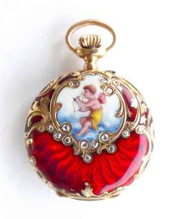 Antique Longines RED 14k Gold Guilloche Enamel Cupid Diamond Pendant 