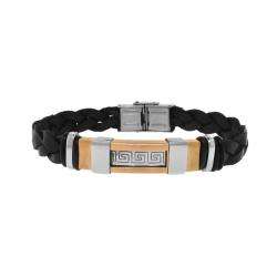 Two tone Stainless Steel and Black Leather Mens Braided Bracelet 
