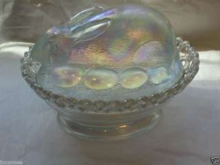 WESTMORELAND CARNIVAL GLASS COVERED BUNNY CANDY DISH  
