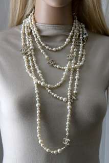 12C CHANEL Classic Five Gold CCs 63 LONG Pearl Necklace  