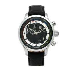   Mens World Time Black Dial Black Leather Strap Watch  